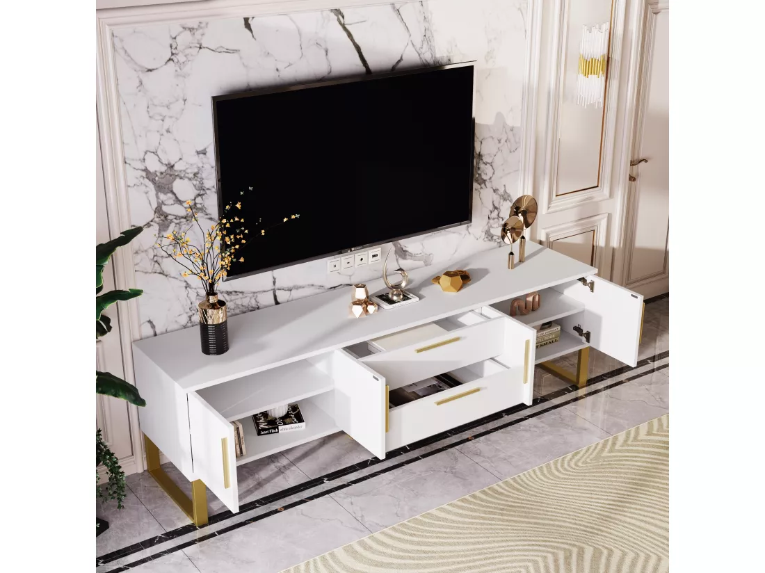 Meuble TV blanc brillant motif gravé avec poignées et pieds dorées 170*40*53cm YAURNUD WHITE