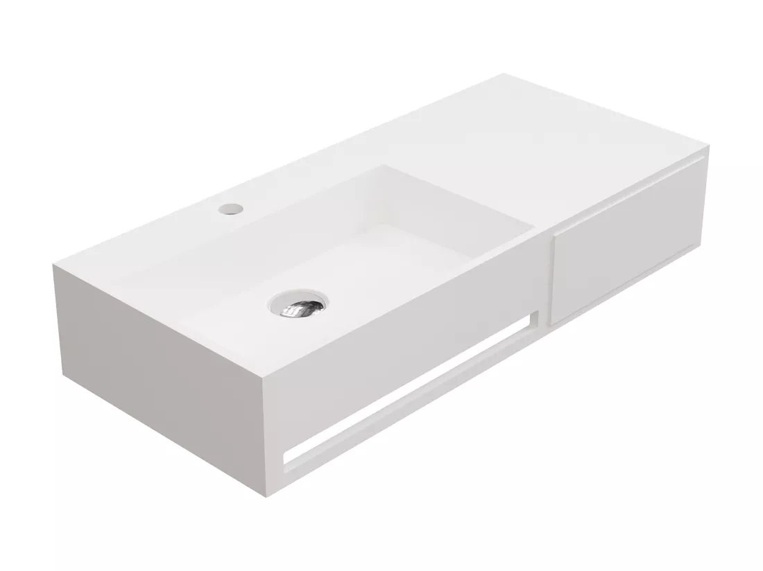 Plan vasque suspendu en solid surface avec porte serviettes - Blanc - L90 x l40 x H17 cm - GANDAKI