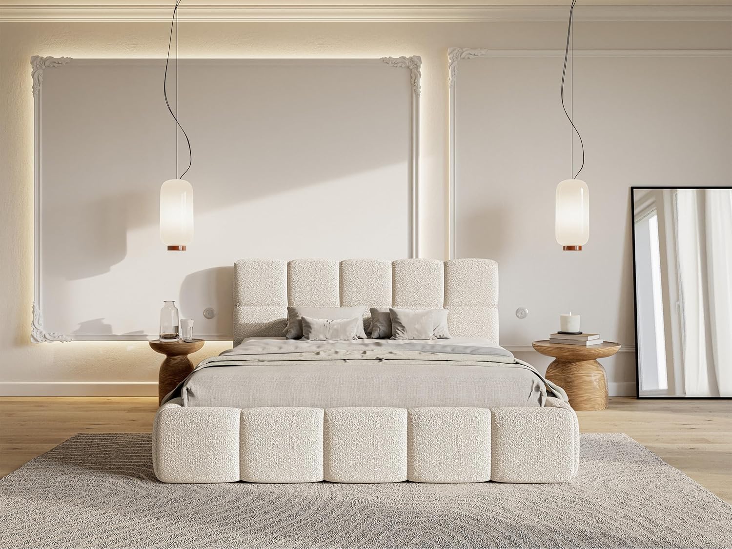 Selsey Bett Polsterbett 160 x 200 cm Boucle Gewebe Reißfest Cloudy Hellbeige