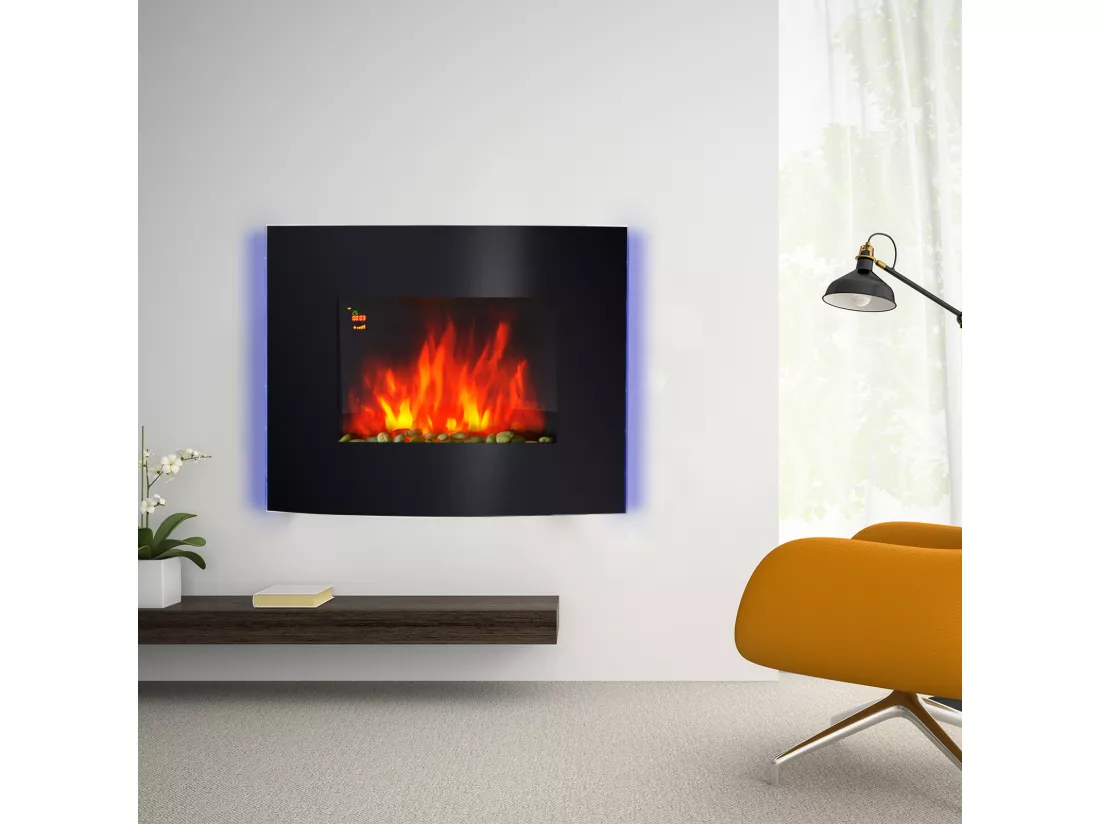 Cheminée électrique murale éclairages latéraux LED design avant-gardiste affichage LED avec télécommande et minuterie 900/1800 W luminosité réglable noir