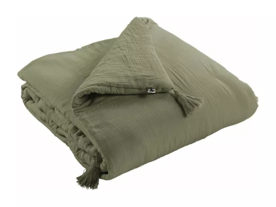 OUREA - Couvre-pied 150x150cm Capitonné Gaze de Coton Romarin Olive