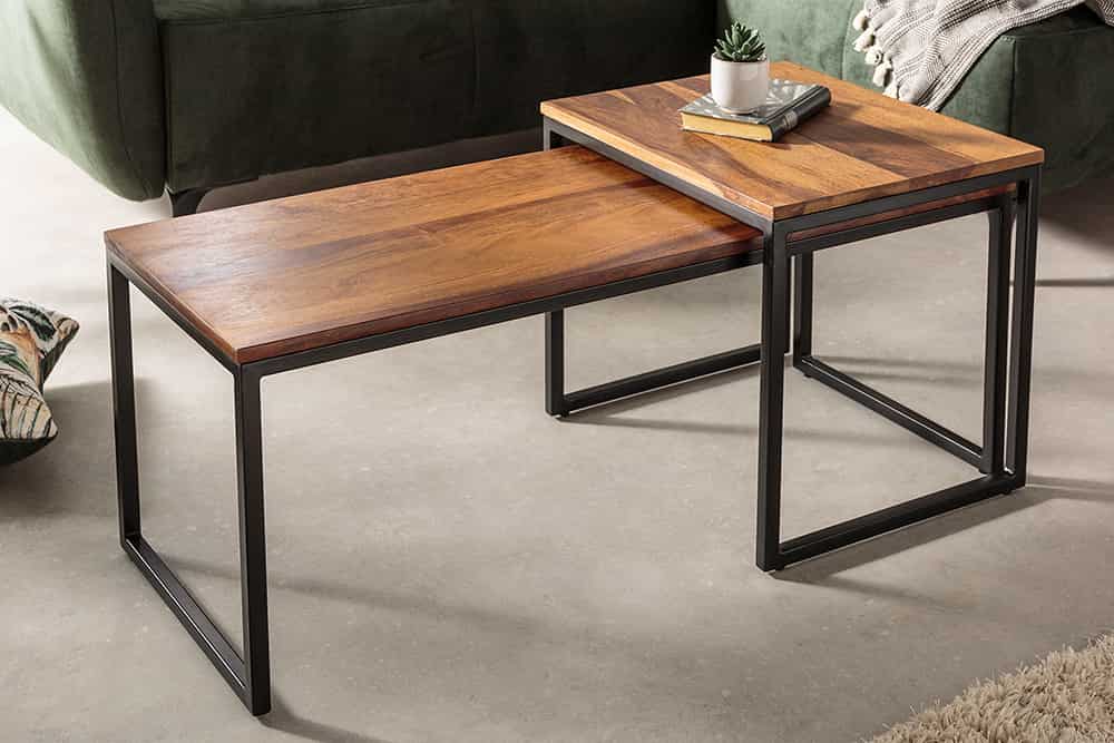 2er Set Design Couchtisch ELEMENTS 100cm Sheesham Massivholz stone finish Metallgestell