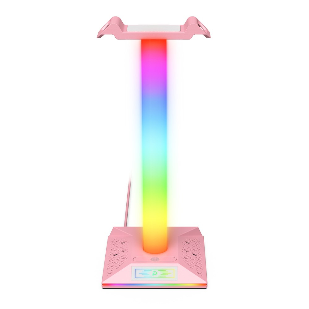 Gaming Kopfhörer Halterung Ständer für Over-Ear Headset mit USB C / 2x USB A Anschluss   RGB Beleuchtung - Rosa