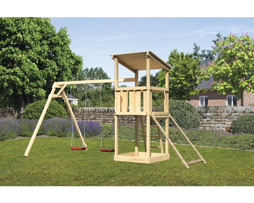Speeltoren/speelhuis Karibu Anna, 107 x 107 cm, van hout, bestaande uit 2 schommelsets en een nethelling.