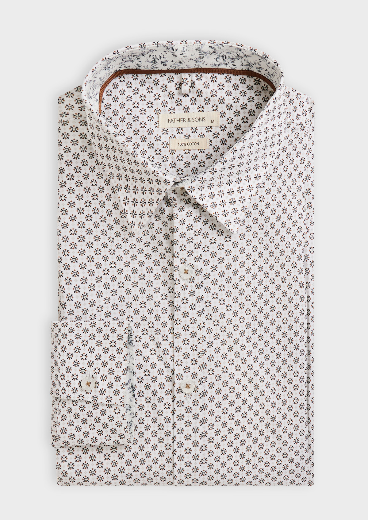 Chemise sport Slim en popeline de coton blanc à motif fantaisie noir et marron