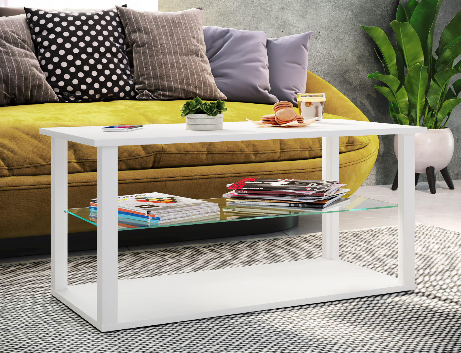 Couchtisch WANILO L - weiß - Glasboden - 95x45 cm