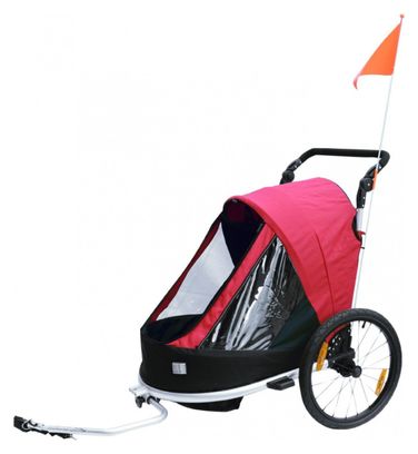 Remorque velo enfant - poussette couverte 2 places en alu maxi 36kg colori rouge avec roues 20  -fixation axe de roue - livre avec roue avant et poignee frein - pliable sans outil -