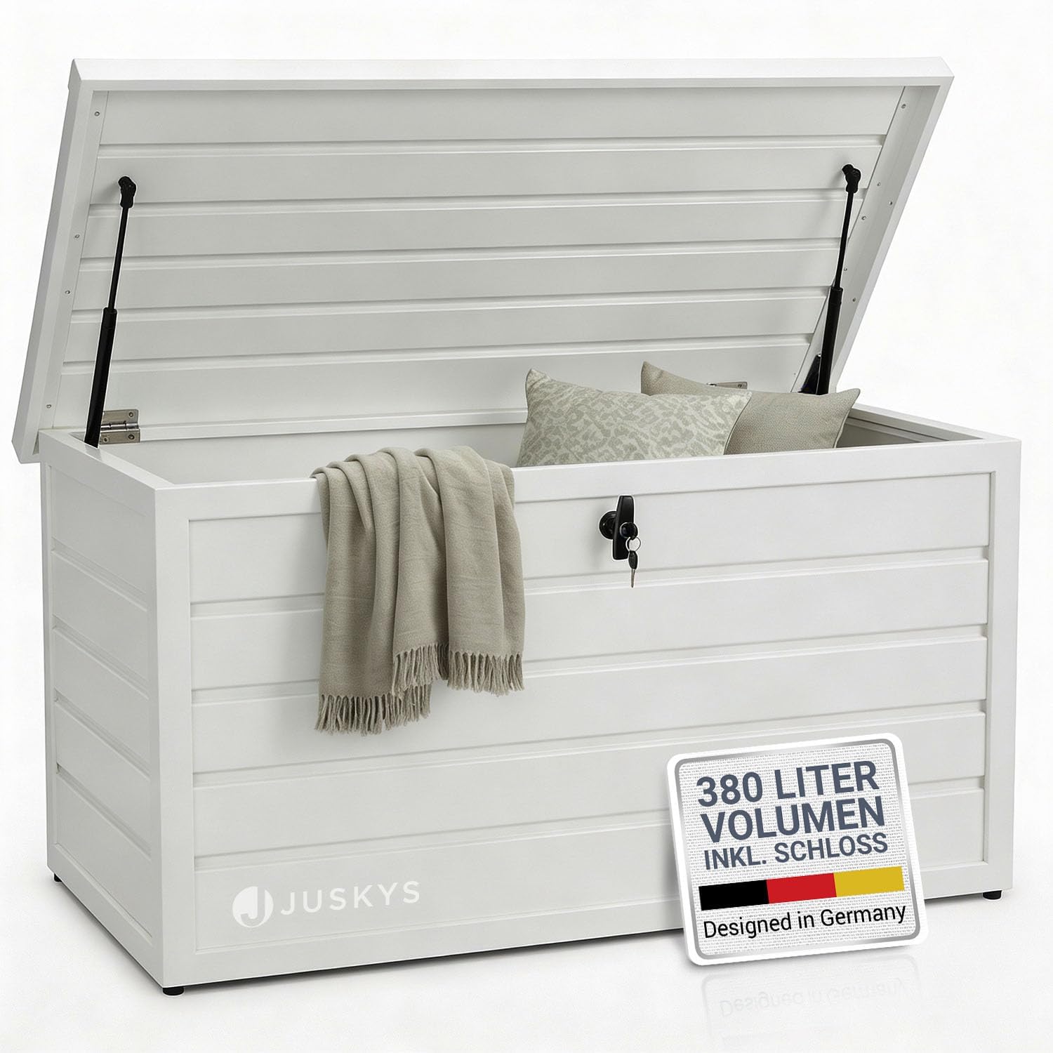 Juskys Metall Aufbewahrungsbox Limani 380 Liter - Outdoor Box - wasserdicht, abschließbar - Gartenbox, Auflagenbox, Kissenbox für Garten Weiß
