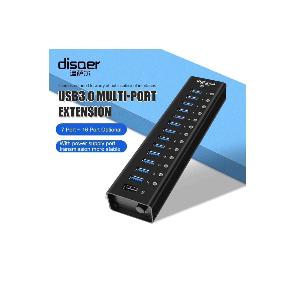 NÖRDIC 8-ports drevet hub USB-A 3.0 5Gbps med bryter 1,2m kabel aluminium svart med strømforsyning