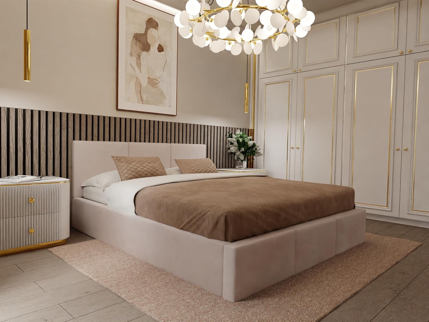 Muralo - Polsterbett 120x200 cm mit Bettkasten und gestepptem Kopfteil - Doppelbett - Ohne Matratze - Jugendbett - Stilvolles Schlafzimmer-Bett - Creme