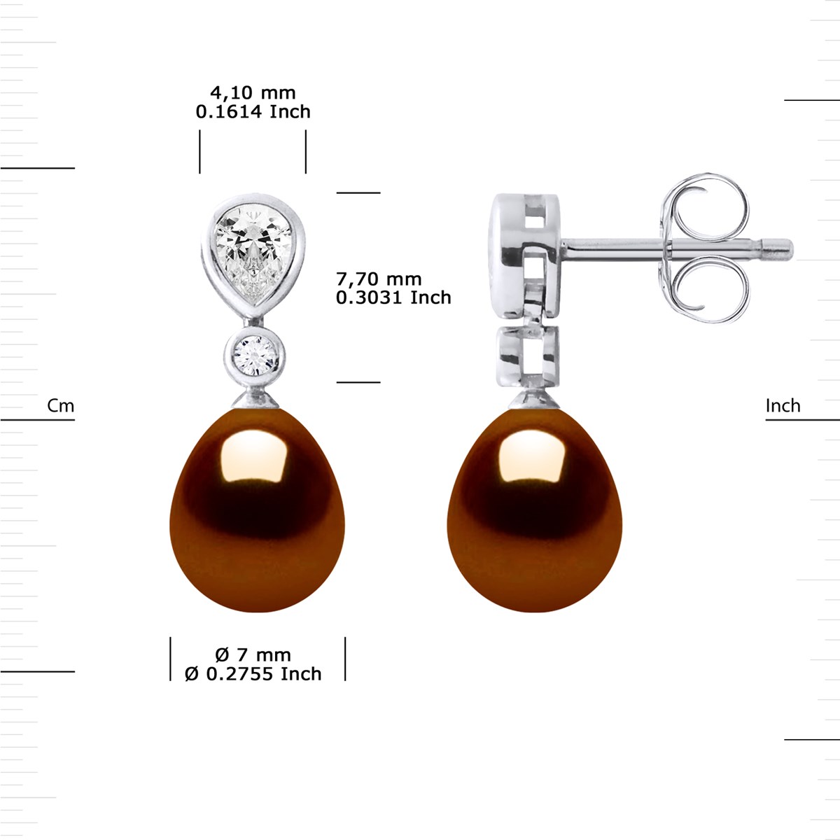 Pendants d'Oreilles Joaillerie Perles d'Eau Douce Poires 7-8 mm Chocolat Argent 925