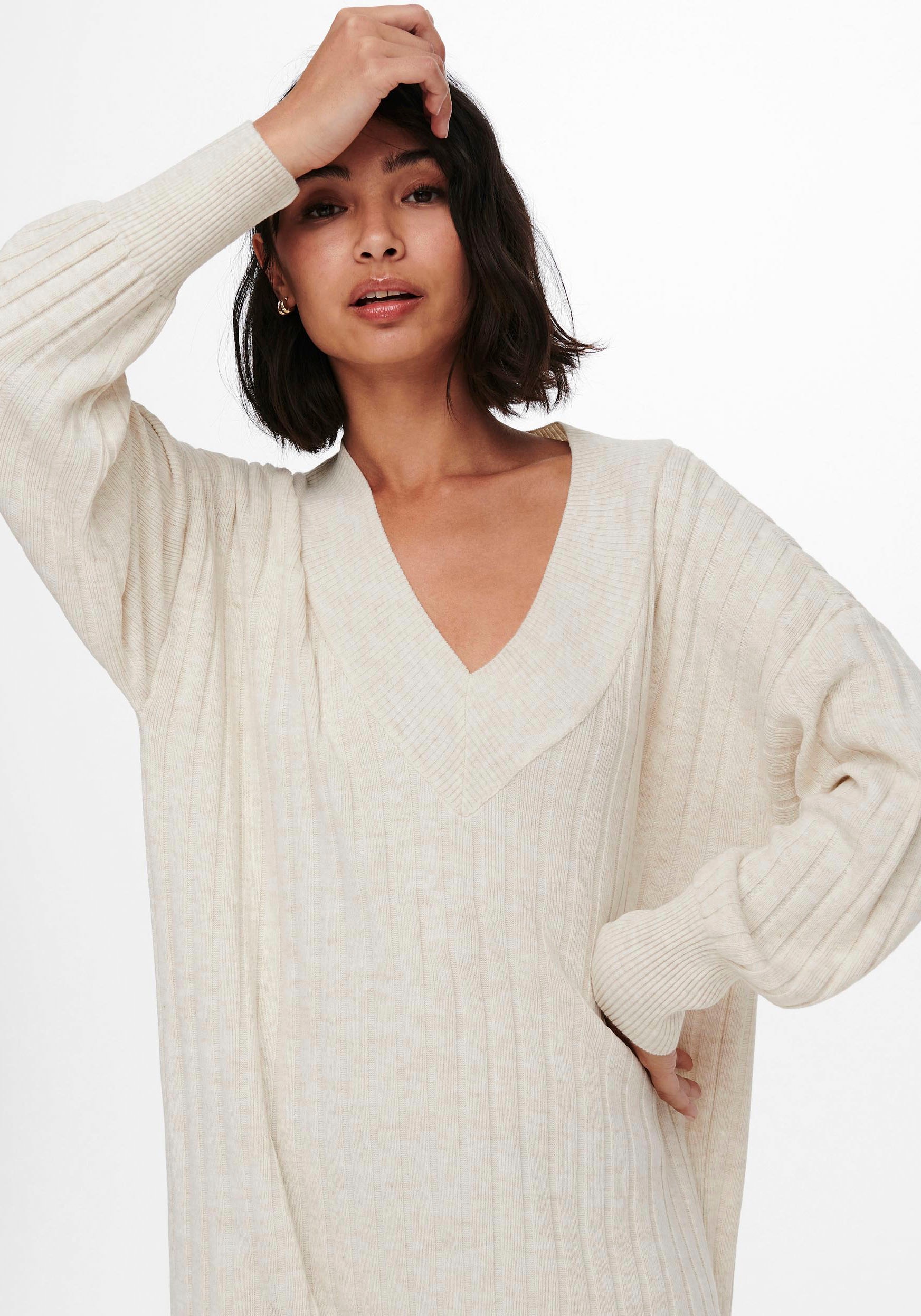 ONLY Strickkleid »ONLNEW TESSA L/S MIDI V DRESS« mit tiefem V-Ausschnitt mit breiter Blende