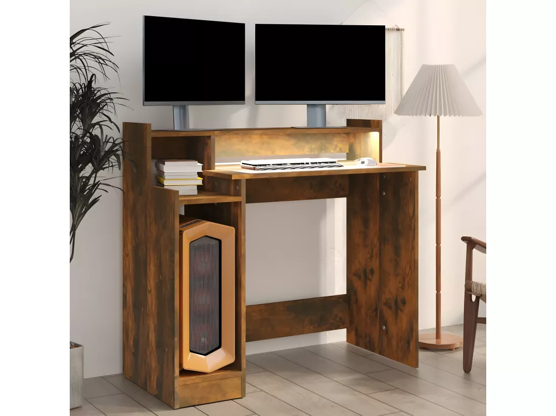 Bureau et lumières LED Chêne fumé 97x45x90 cm Bois d'ingénierie