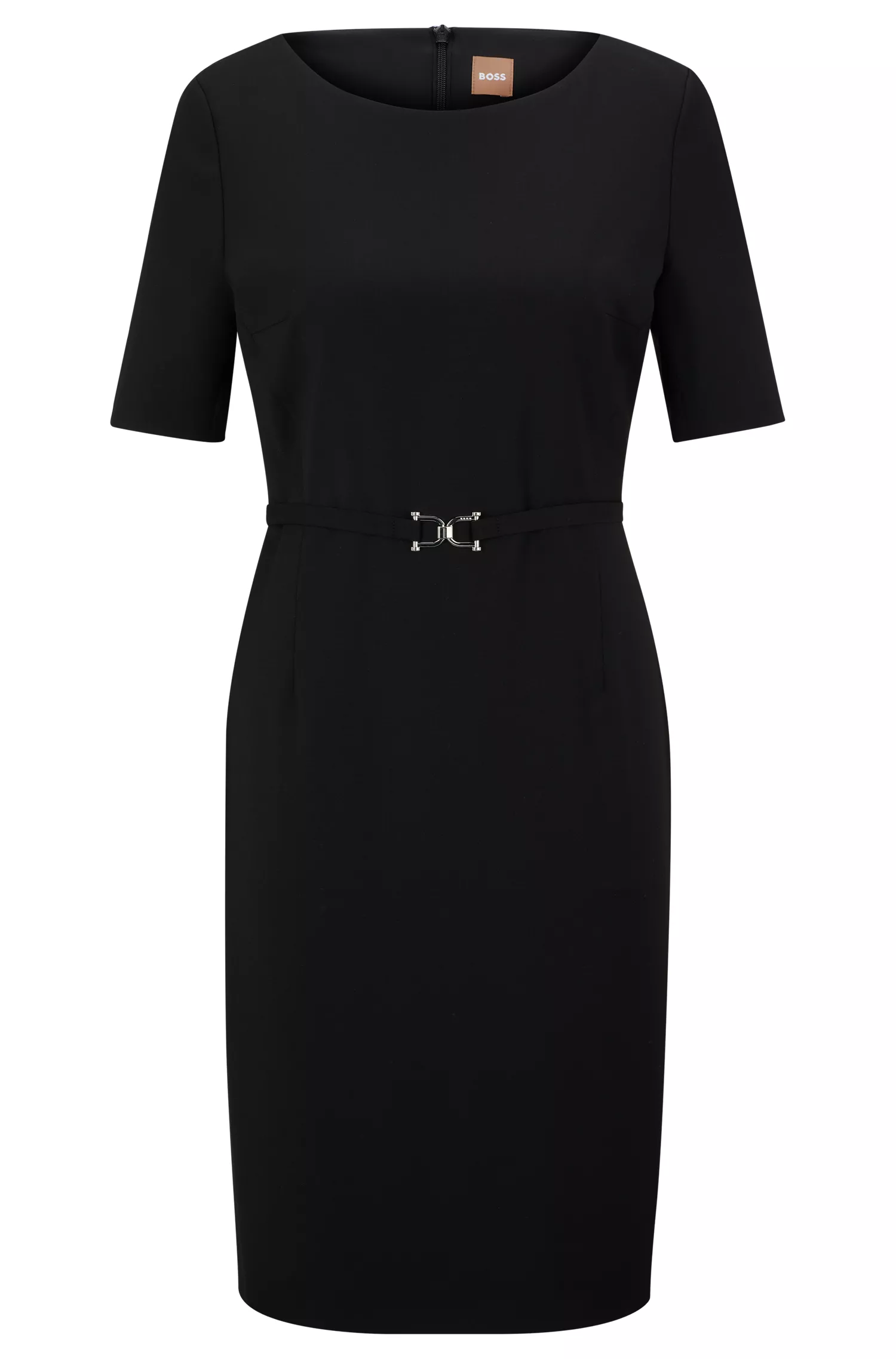 Vestido slim fit preto em lã virgem da BOSS com detalhe de cinto.