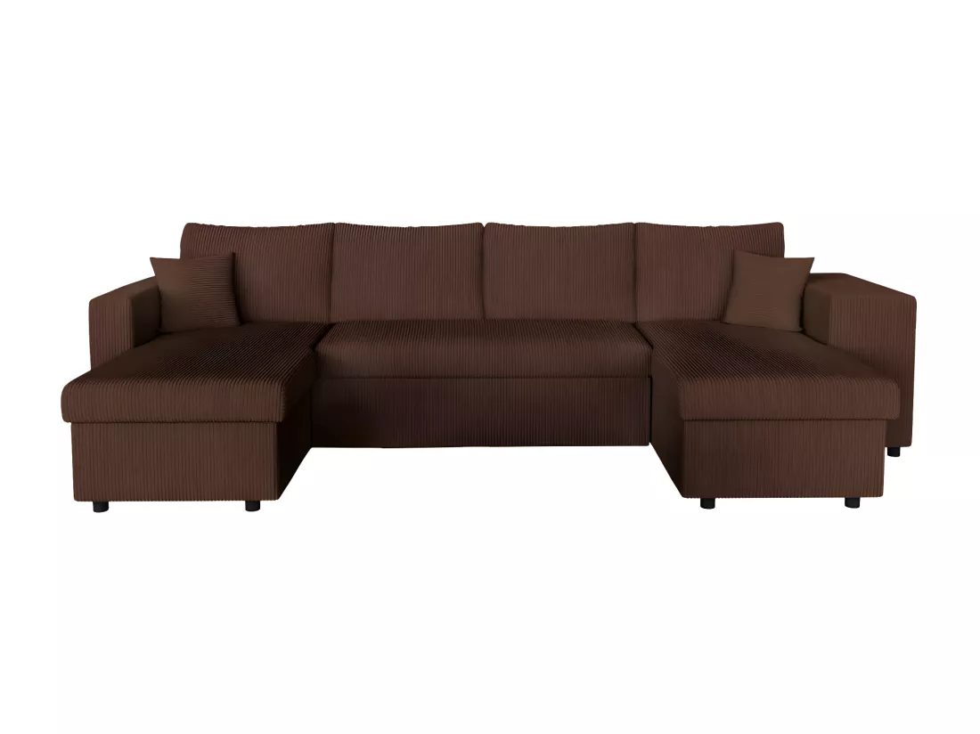 Canapé panoramique Oslo convertible avec 2 coffres, 2 poufs à droite en velours côtelé marron - L311 x P146 x H81cm - Loungitude