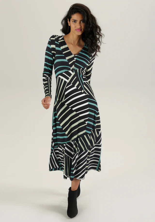 Aniston SELECTED Midikleid mit Smok-Details und Streifendruck