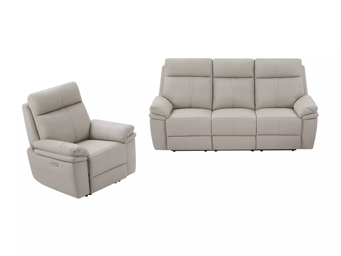 Canapé 3 places et fauteuil relax électrique en cuir gris clair MESOLA