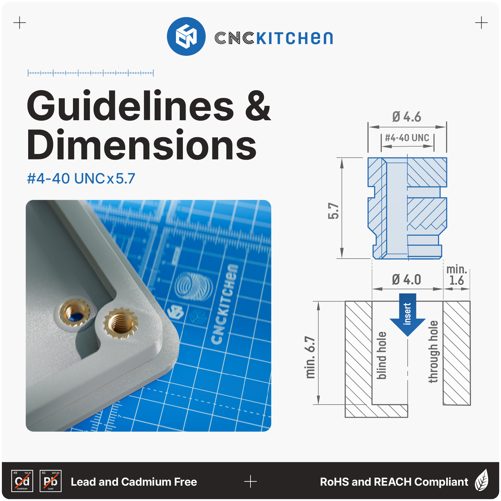 CNC Kitchen  Gewindeeinsatz #4-40 UNC, #4-40 x 5.7 (100 Stk)    Präzisionsgefräste Inserts aus hochwertigem Messing