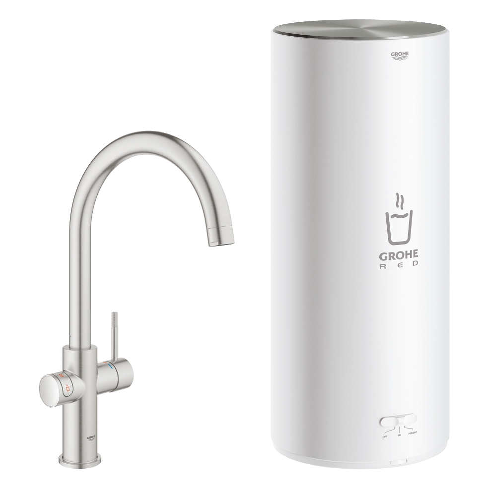 Grohe Red New Duo kokend water kraan met C uitloop en L formaat boiler RVS