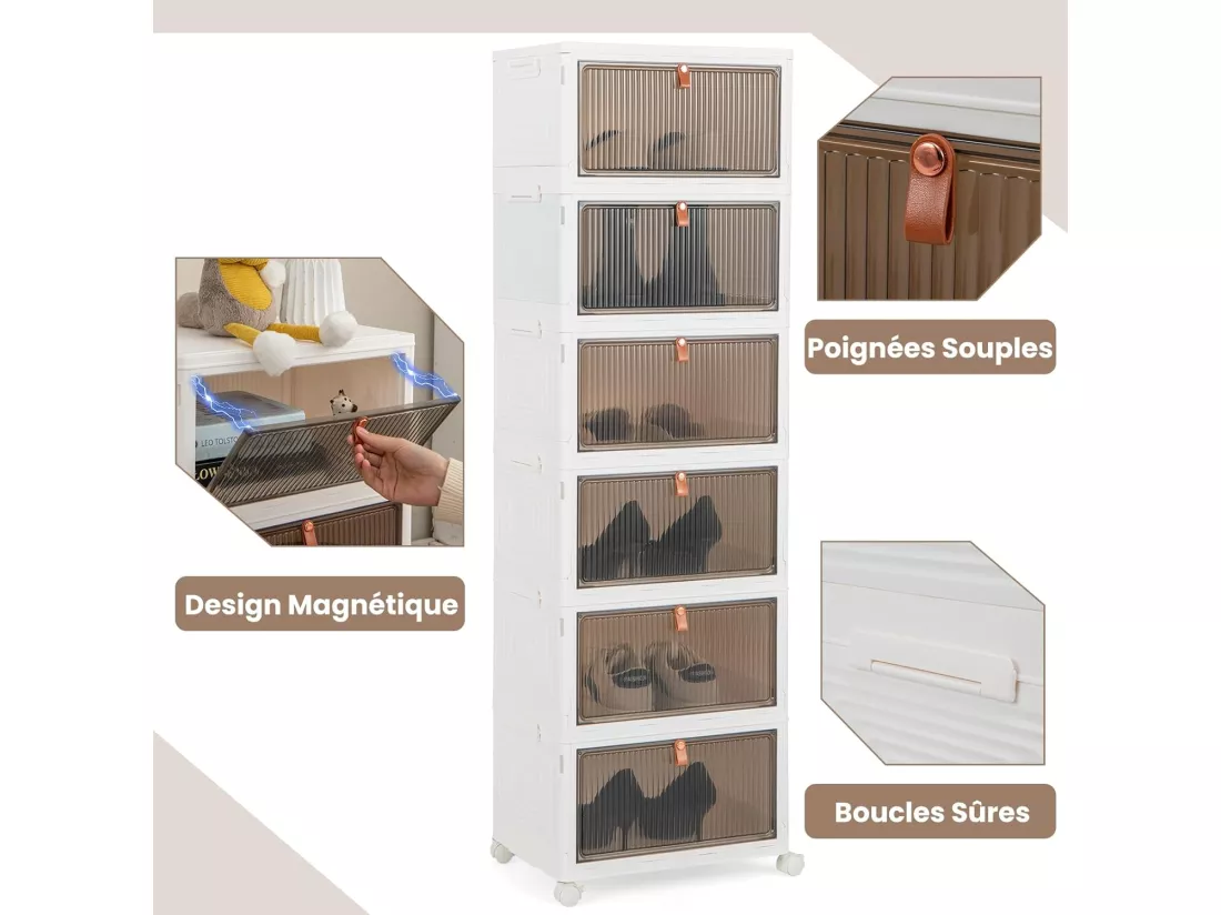 Boîte Rangement Plastique 90L, 6 Caisses de Rangement Pliables avec 4 Roulettes et Couvercles, Boite Empilable pour Chaussures, Jouets, Caisse pour Chambre, Salon, Cuisine (90L)