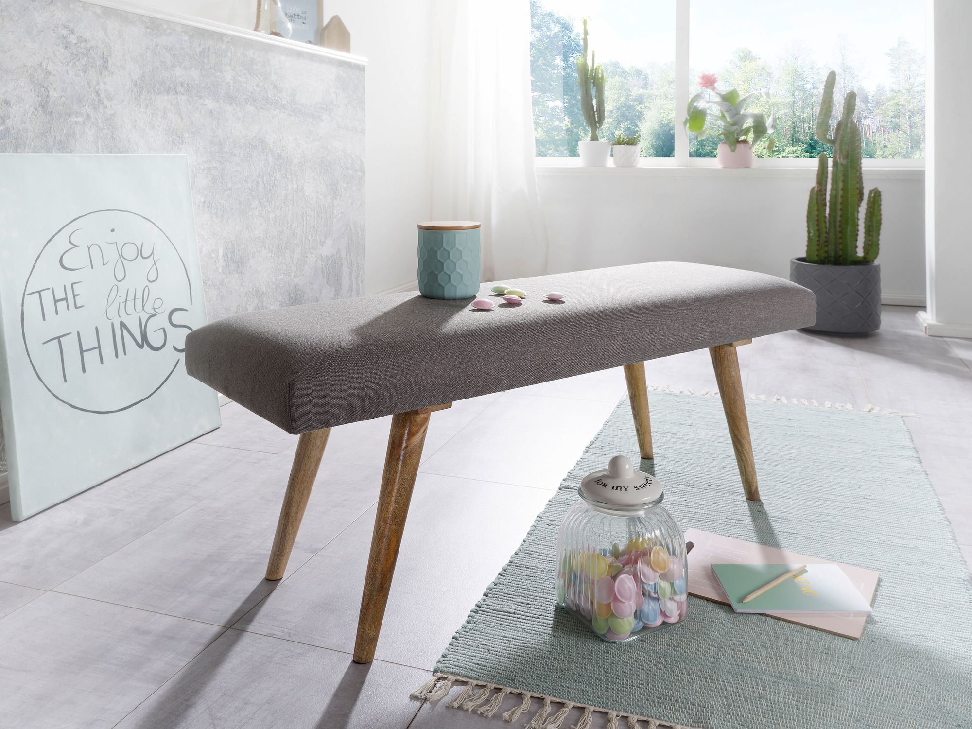 FineBuy Sitzbank Massiv Polster Bank Holz/Stoff Bettbank Flurbank Esszimmerbank