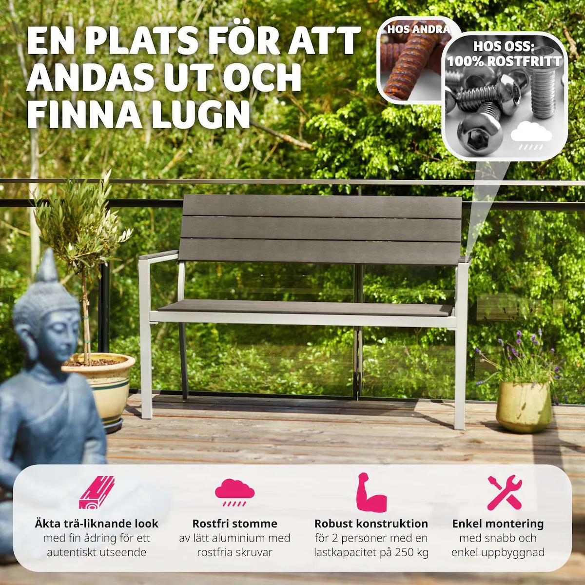 Hagebenk Line 2-seter med aluminiumsramme 128x59x88cm - lys grå/hvit