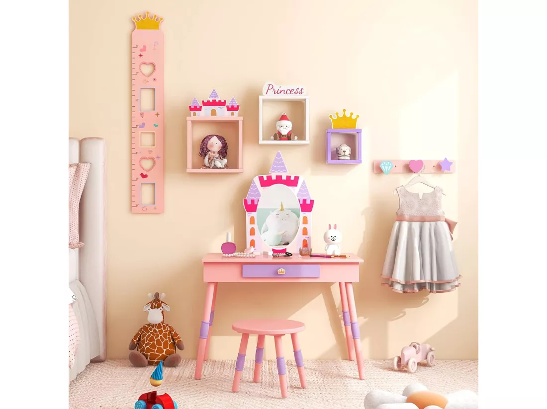 2 en 1 Coiffeuse Enfants sur Thème du Château avec Tabouret, Table de Maquillage Princesse avec Miroir Détachable, Accessoires Riches, Dispositif Anti-basculemen, Table d’Etude de 3 Ans+