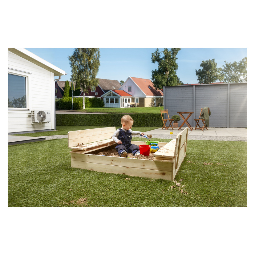 Sandkasse med benk 120x120x20 cm