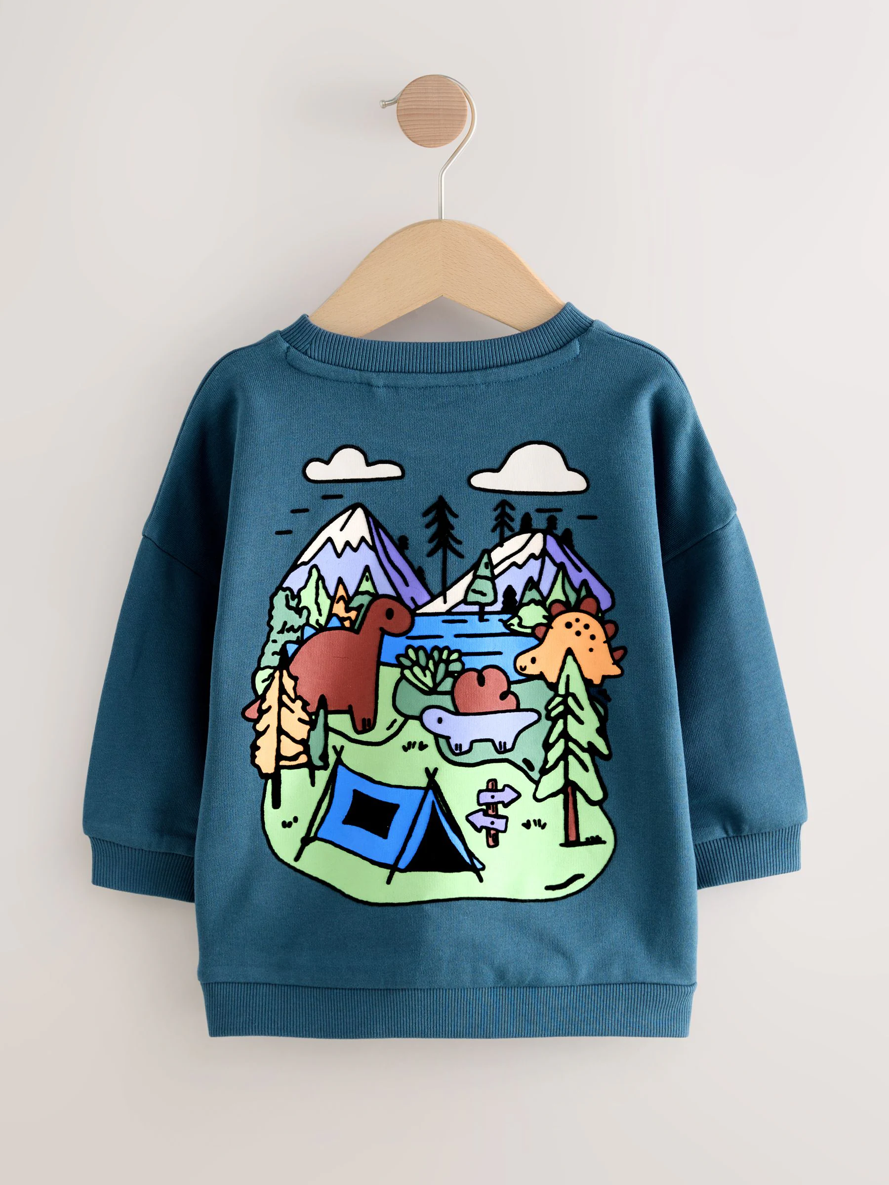 Blauw met dinosaurus - Jersey sweatshirt met ronde hals en print op de rug (3mnd -7jr)
