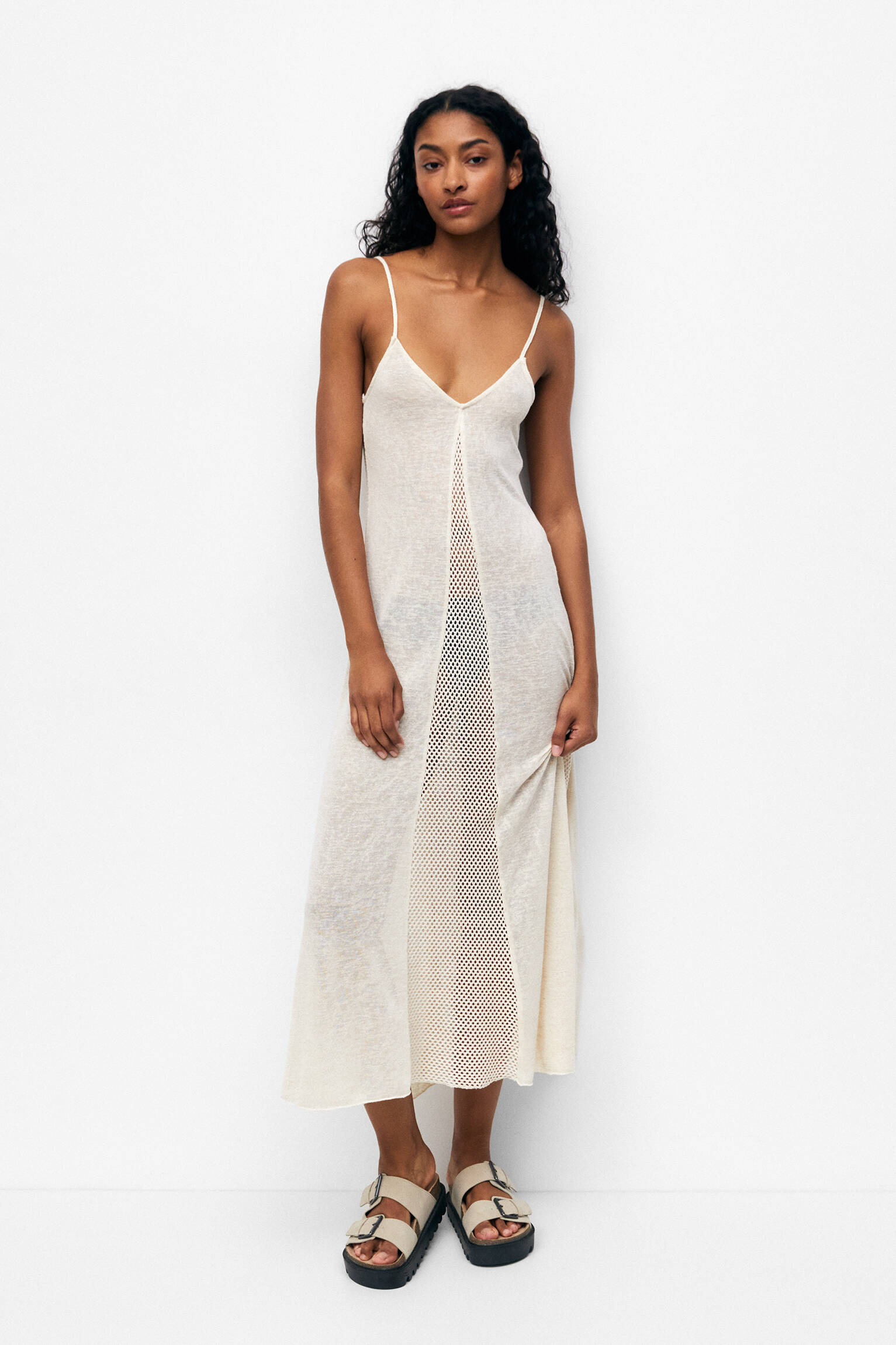 VESTIDO MIDI COM DETALHES EM CROCHÊ - NATURAL