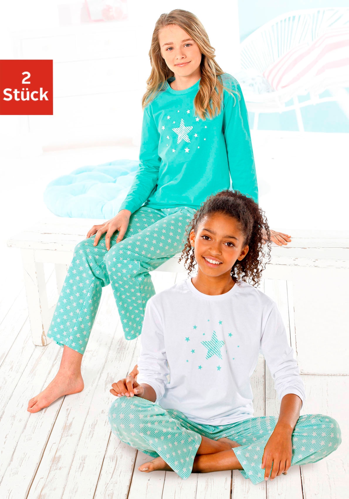 petite fleur Pyjama, 4 Stk. in langer Form  mit Sternen Print
