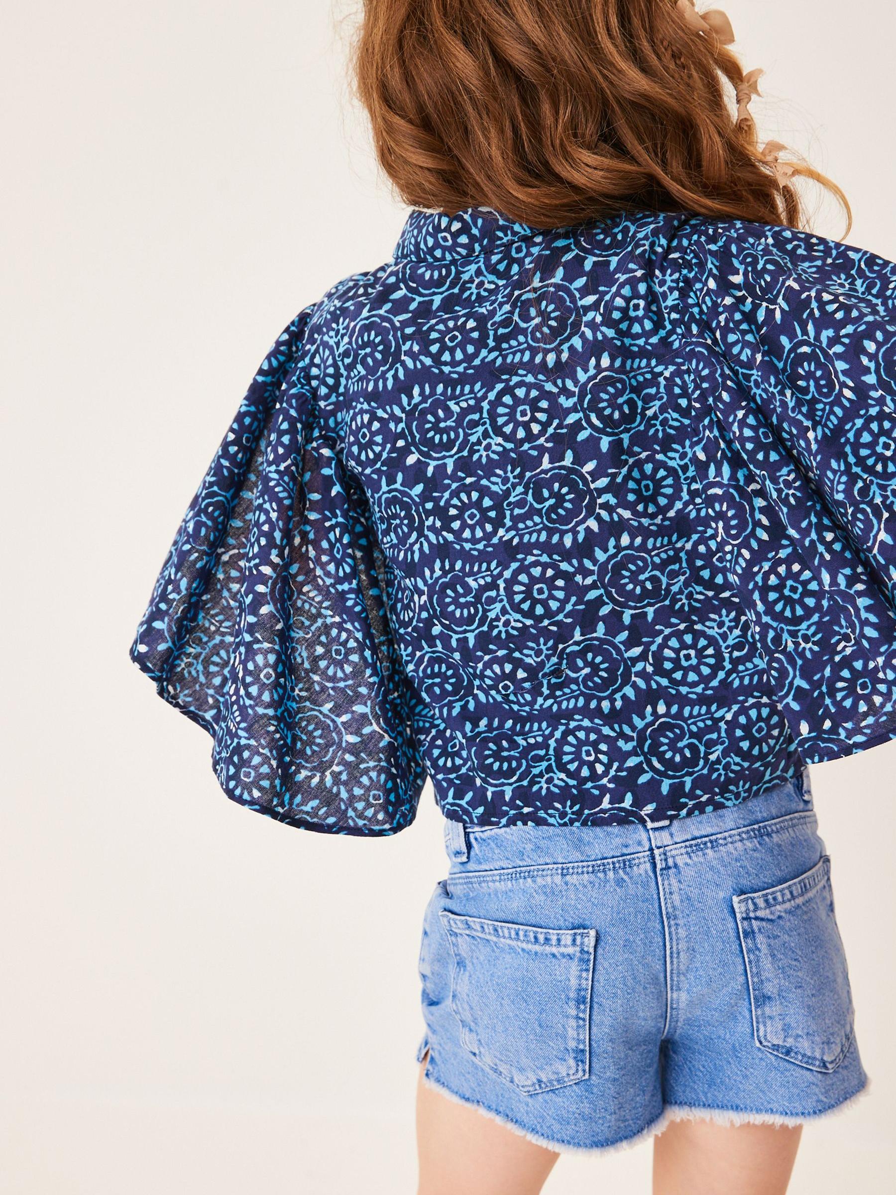 Blauw - Blouse met wijde mouwen met strik aan voorzijde (3-16jr)