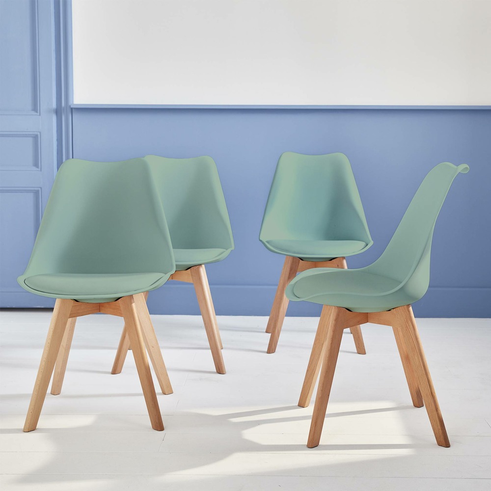 Lot de 4 chaises scandinaves. Pieds bois de hêtre. Chaises 1 place. Vert céladon