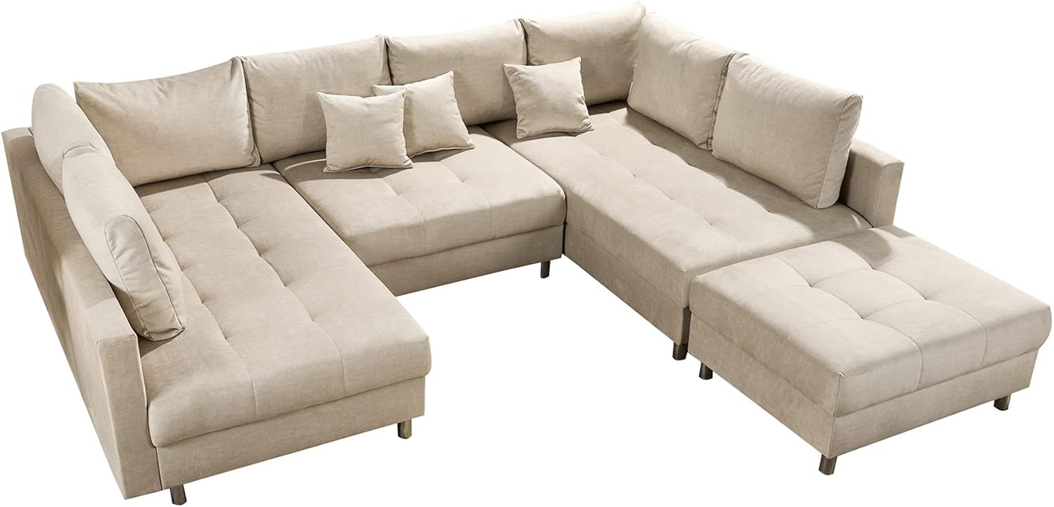 riess-ambiente.de Moderne XXL Wohnlandschaft Kent 305cm Champagner beige Samt inkl. Hocker und Kissen