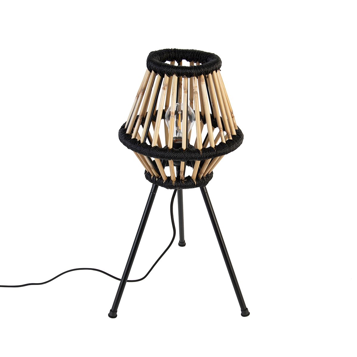 Landelijke tripod tafellamp bamboe met zwart - Evalin