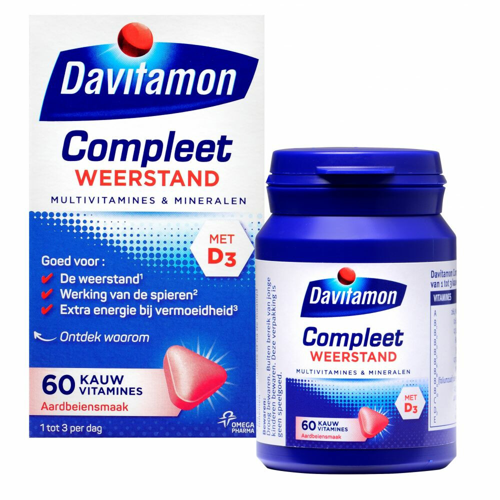 2x Davitamon Compleet Weerstand Kauwvitamines Aardbei60 kauwtabletten