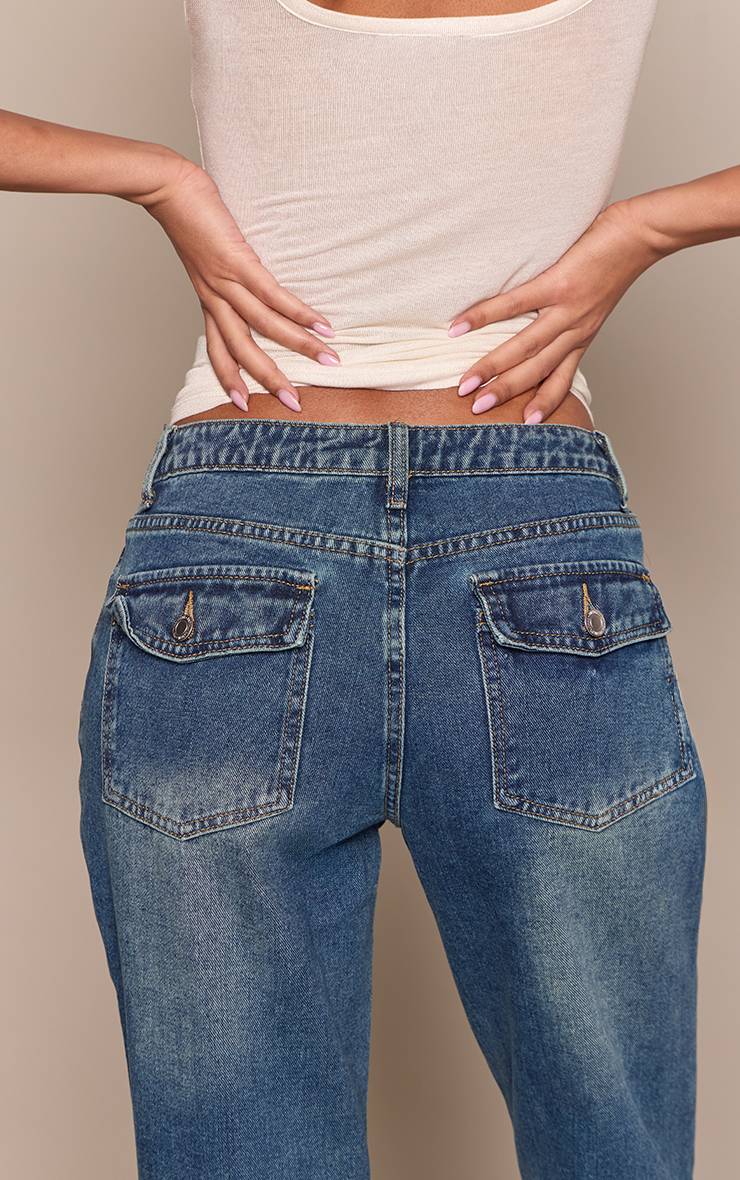 Dark Blue Wash Jean Évasé Tall À Détails De Poches Arrière