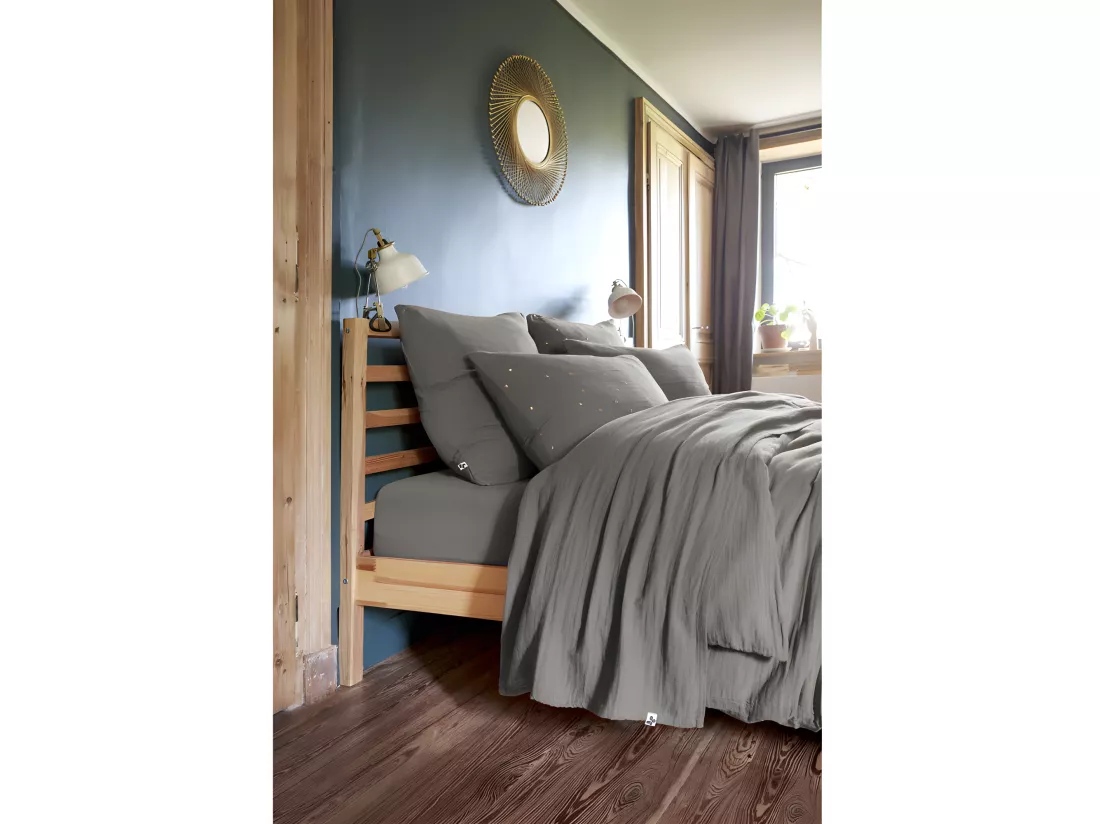 Parure de draps Gaze de Coton - Gaïa Granit - 5 pièces 1 Drap plat 240 x 300 + 1 Drap housse 140 x 190 + 2 Taies 60 x 60 + 1 Taie de Traversin