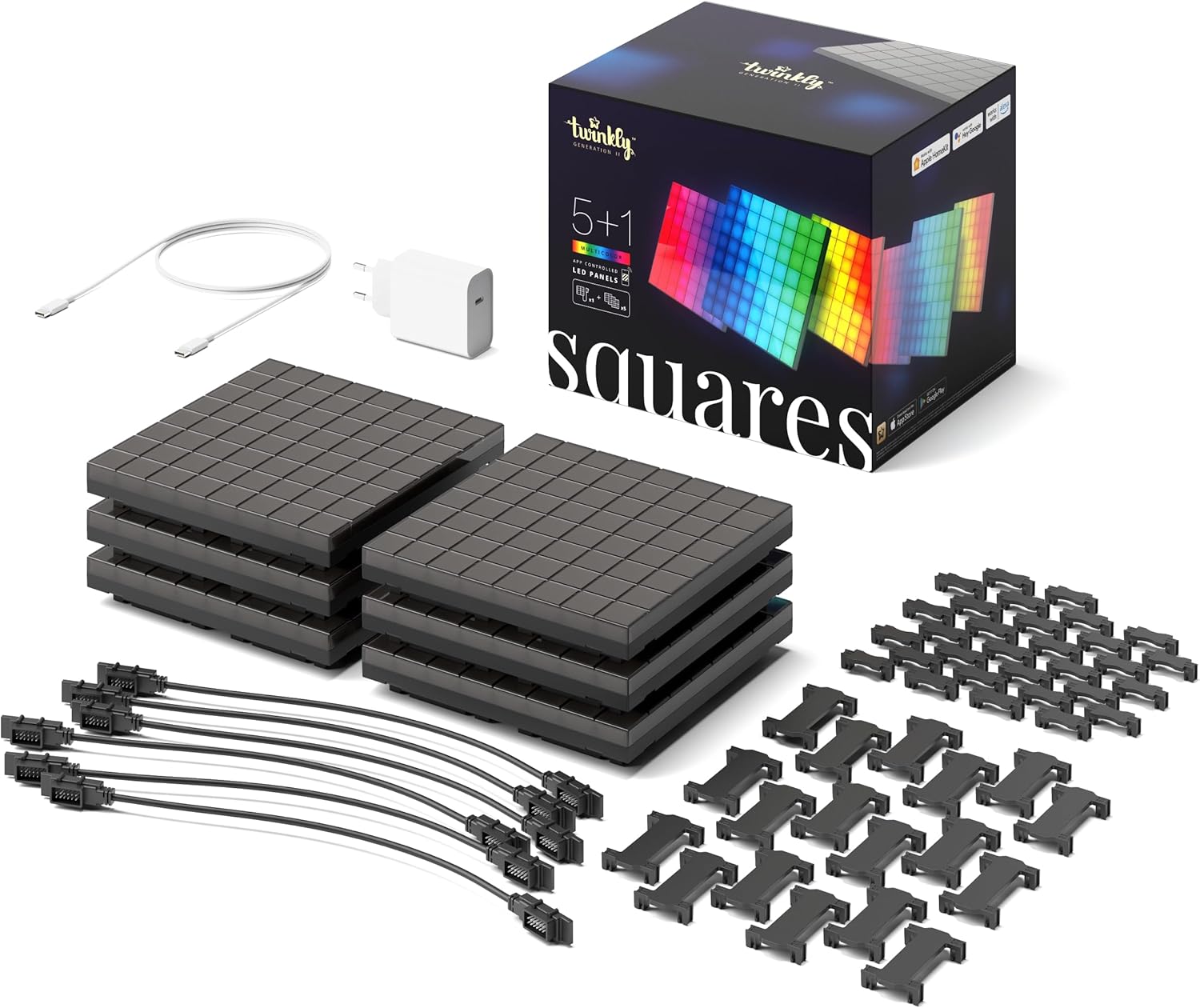 Twinkly Squares Starter Kit, RGB LED Paneelen, Enthält 1 Hauptpaneel und 5 Erweiterungspaneele, Kompatibel mit HomeKit, Alexa und  Home, Gaming- und Streaming-Lichter, 16M+ Farben
