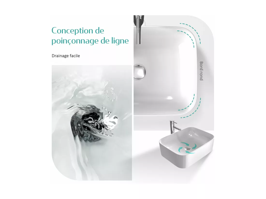 EMKE Vasque à poser céramique 61×38×15cm, Lavabo salle de bain rectangulaire, Lavabo en céramique blanc brillant