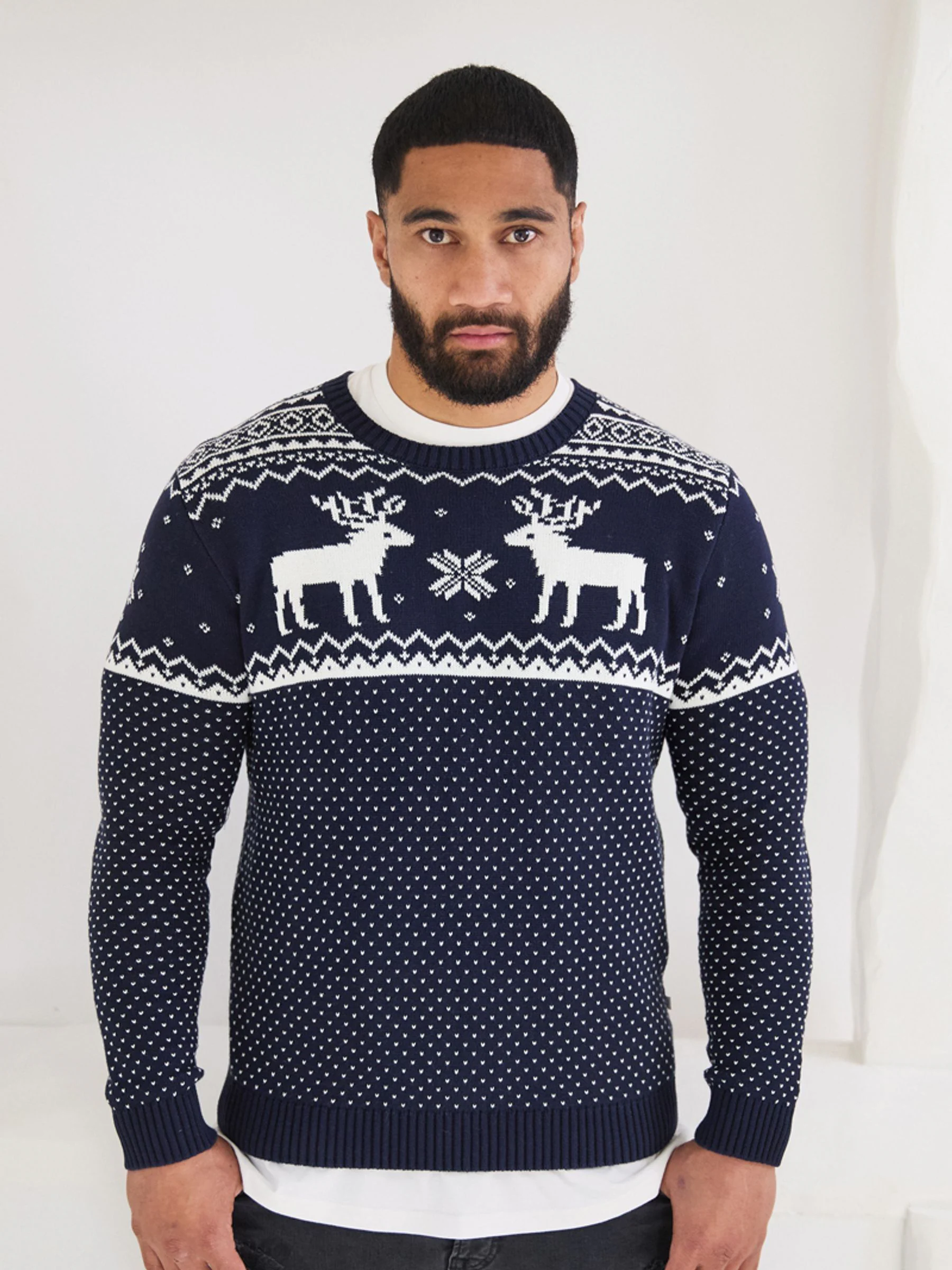 Marineblauw - Kerstmis rendiertrui met Fairisle-patroon