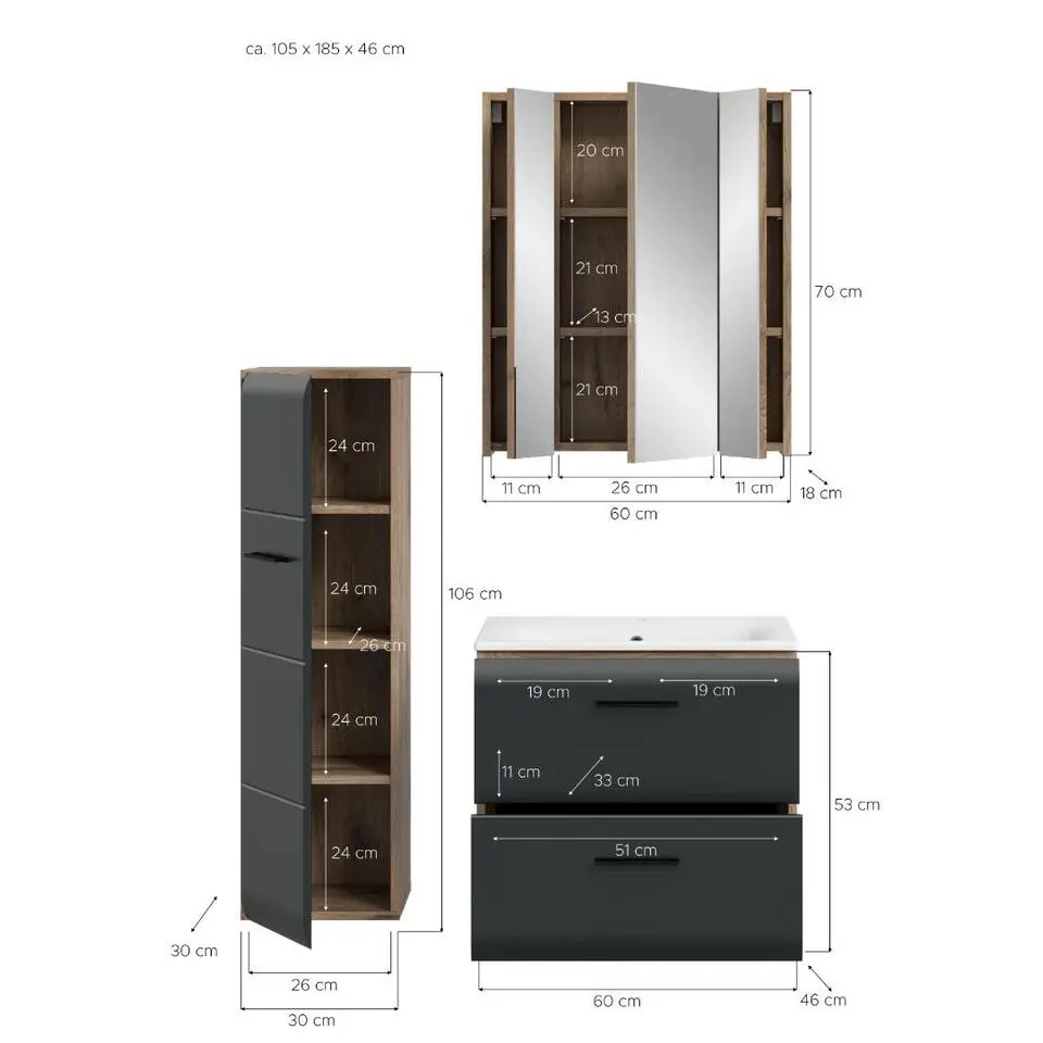 Hioshop Ice badkamer I8 zwart mat- eiken decor