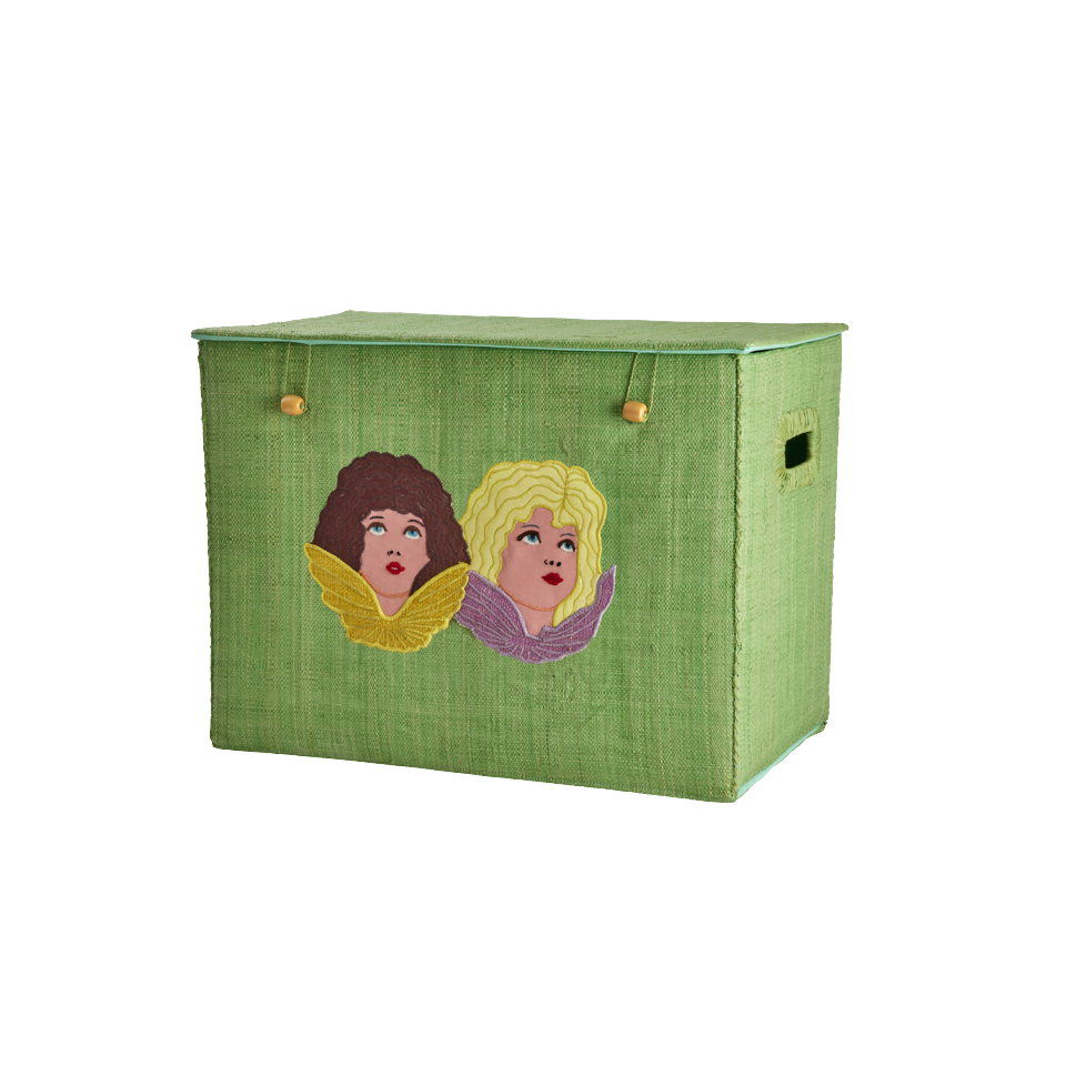 Rice - Raffia Storage Box with Angels - Soft Army Green - Large
