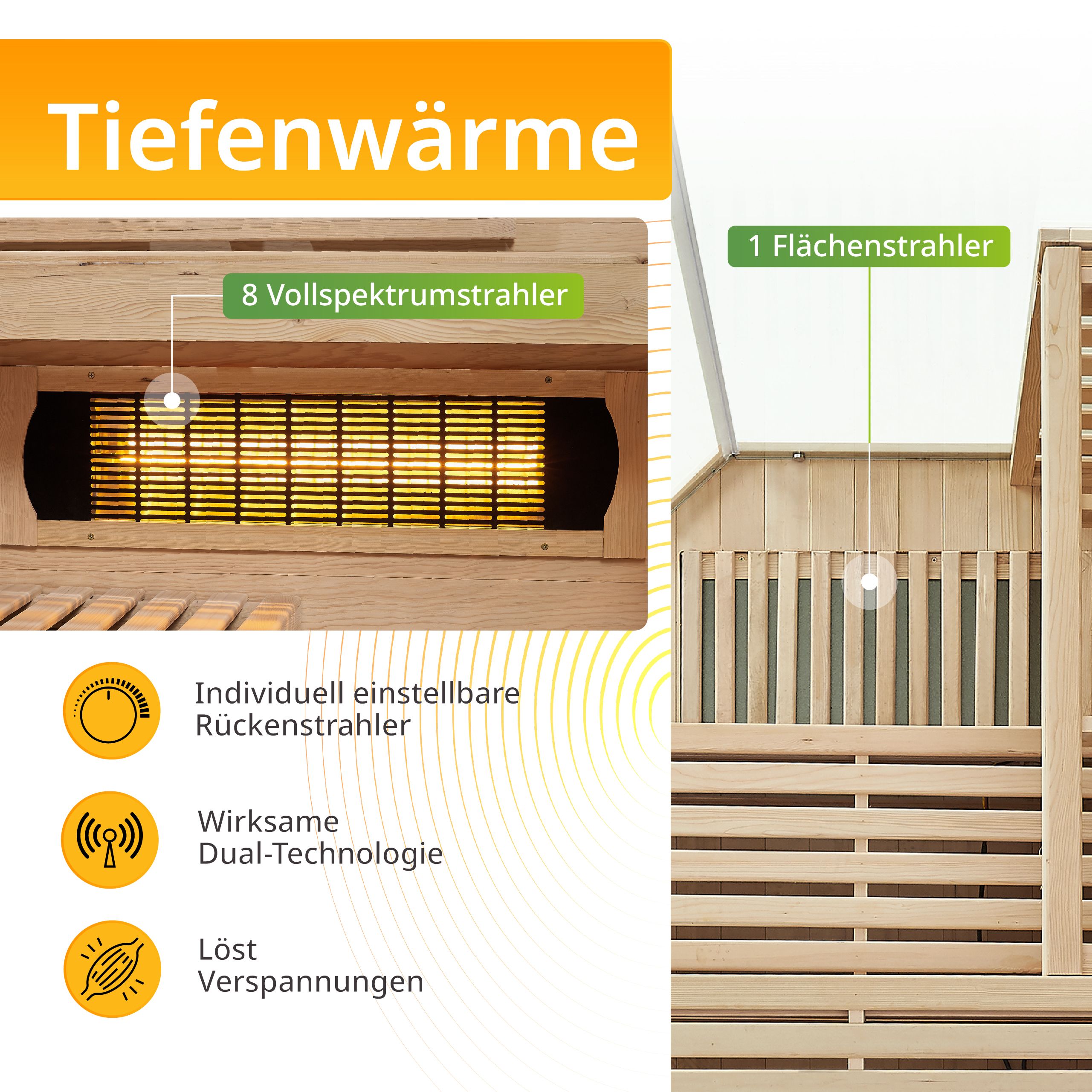 Artsauna Infrarotkabine Kiruna150 Dual Technologie – 8 Vollspektrumstrahler & 1 Flächenstrahler