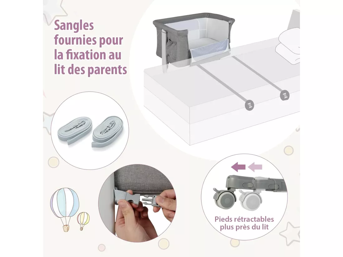 Lit Cododo Bébé 3 en 1 avec Hauteur Réglable 5 Niveaux, Lit Berceau Inclinaison de 10° avec Matelas Confortable,Maille Respirante,Charge 9KG,Sac de Voyage pour Bébé 0-5 Mois, Gris Clair