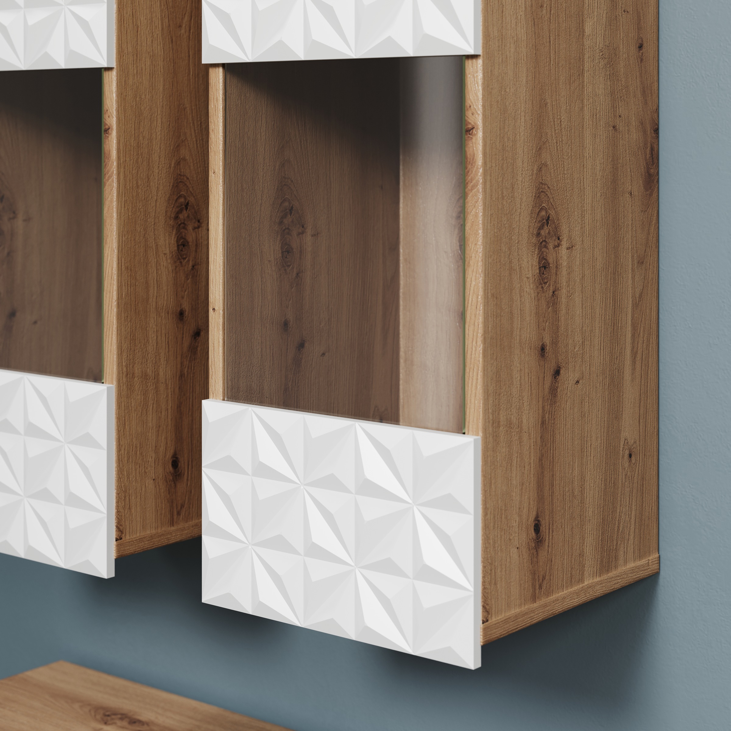 INOSIGN Wohnwand »Rezzo, 2 Hängevitrinen mit Relief-Front, 2 Lowboards je Br. 120 cm« Komplett-Set, 4 Stk. tlg.