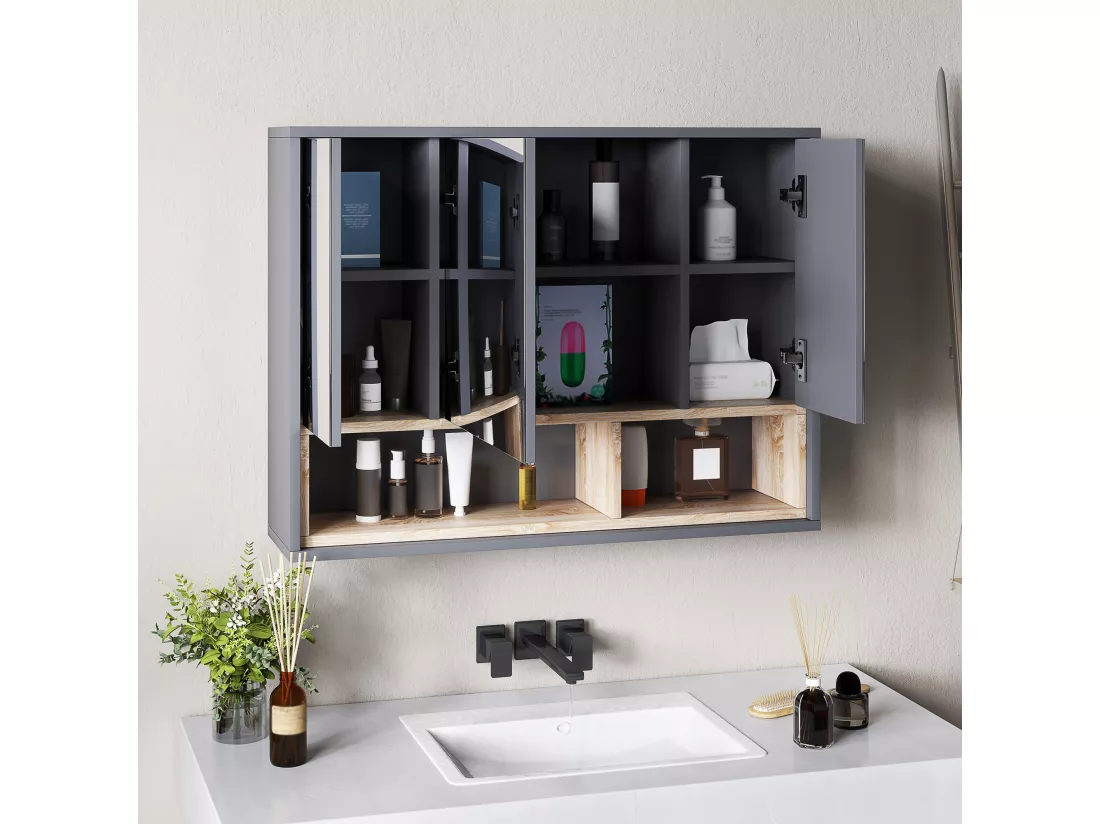 Armoire miroir de salle de bain - 3 portes, 3 étagères, 2 niches - dim. 80 x 20 x 60 cm - gris effet bois clair naturel