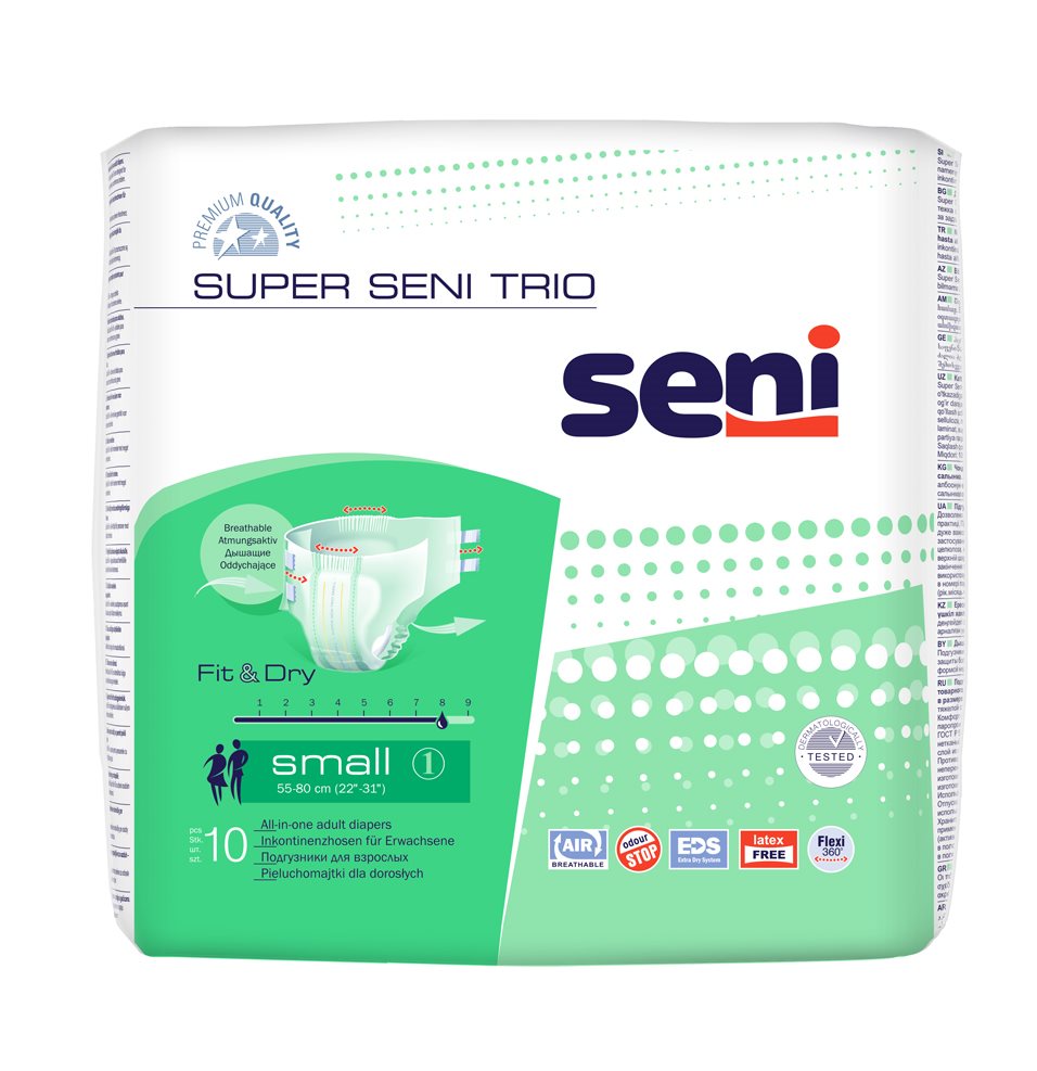 Super Seni Trio Windelhosen<br>10 Stück, S, atmungsaktiv Hüftumfang 55-80cm 8 Tropfen