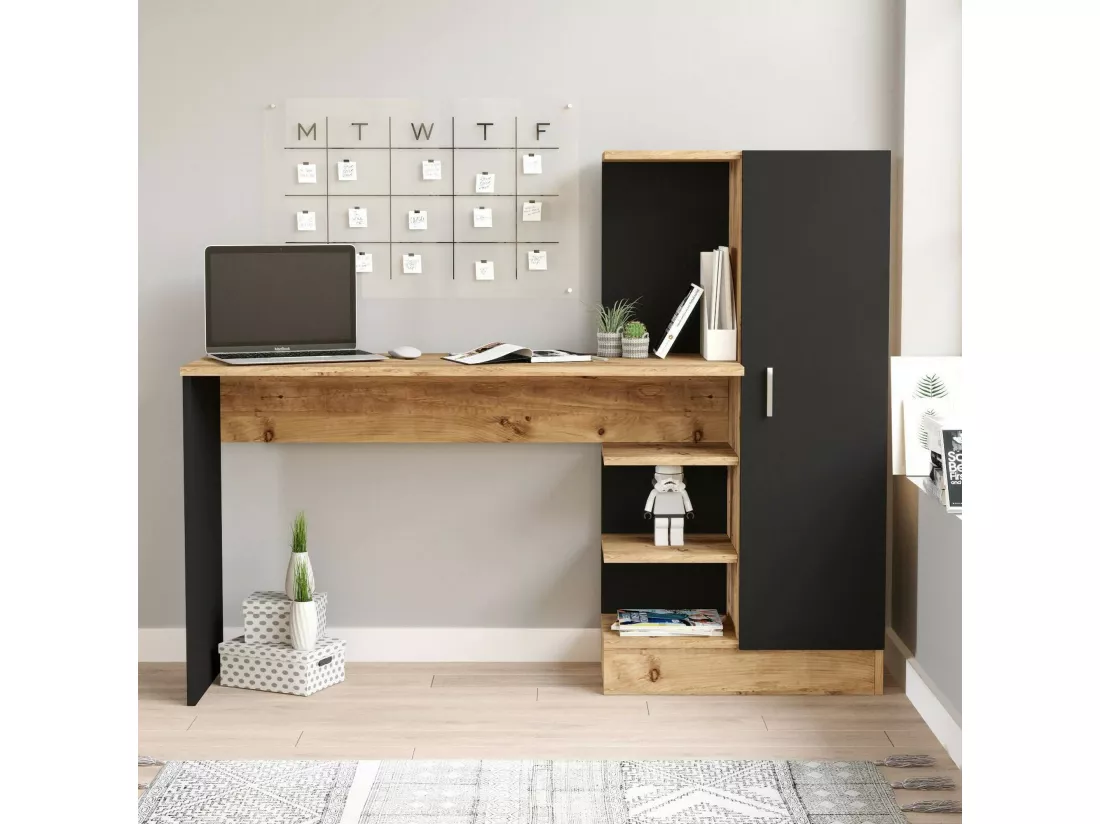 Bureau Ancha, Pupitre polyvalent, Table de bureau pour PC, Plan de travail, 152x40h120 cm, Chêne et Noir
