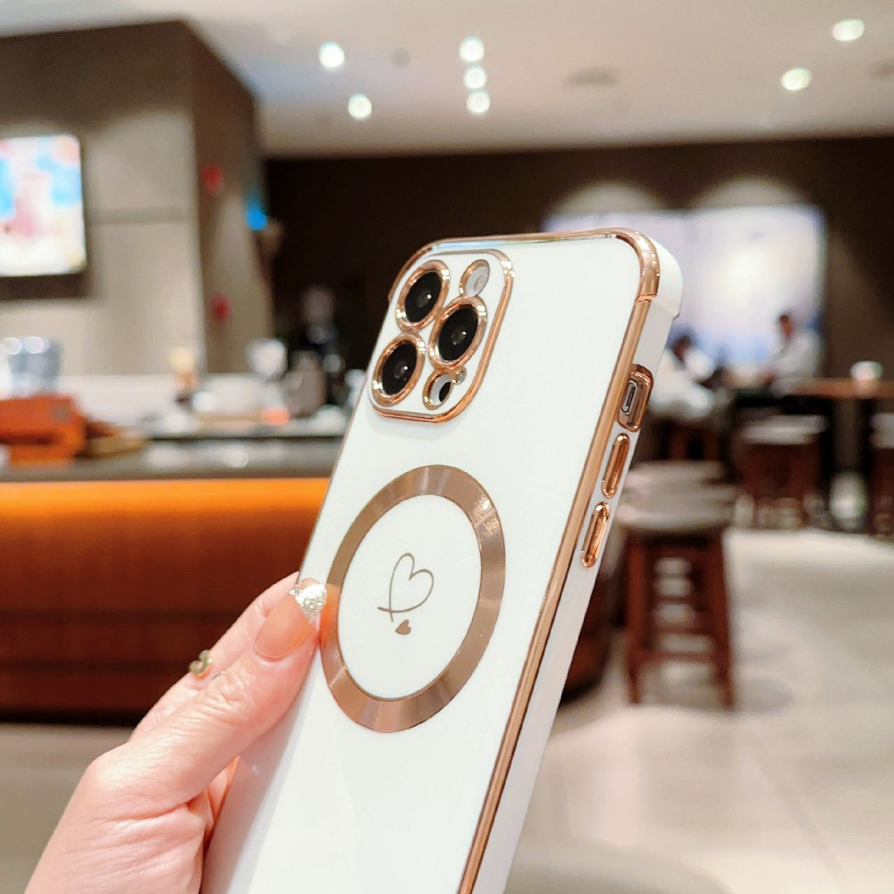 iPhone 16 Pro MagSafe Gummi Case Hülle Galvanisierter Rahmen   Kameraglasschutz - Violett / Gold